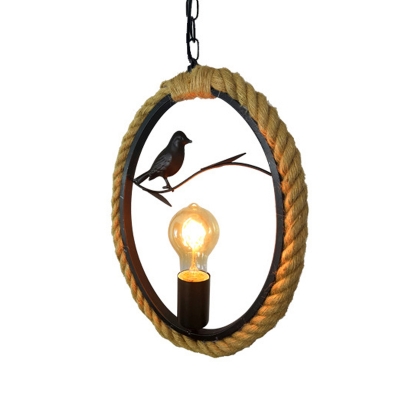 Rope Black Ceiling Light Round/Rhombus/Square 1 Light Industrial Pendant Lamp for Living Room with Bird Deco