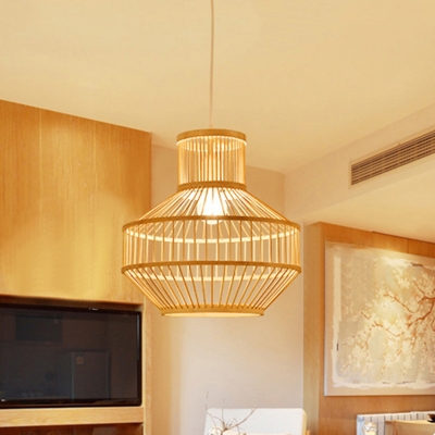 Round Dining Room Suspension Pendant Light Bamboo 1 Light Modern Hanging Lamp in Beige