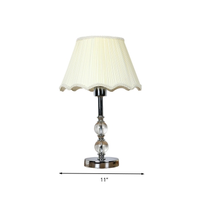 Scalloped Bedroom Table Light Traditionalism Fabric 1 Bulb White Night Lamp with Clear Crystal Bead