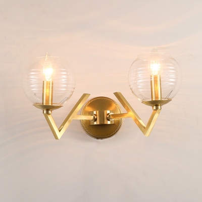 Simple Ball Shape Wall Mount Lamp Ribbed Glass 1/2 Lights Brass Finish Sconce Light