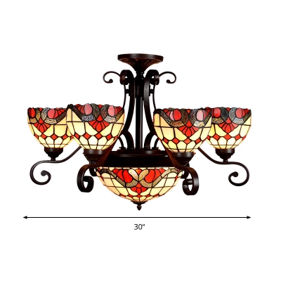 Stained Glass Dome Pendant Chandelier Tiffany-Style 9 Heads White/Red/Beige Down Lighting for Dining Room