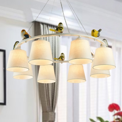 Tapered Fabric Ceiling Chandelier Contemporary 8 Lights Flaxen Suspension Pendant with Bird Deco