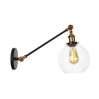 Vintage Orb Sconce Light 1 Light Clear Glass Wall Lighting Fixture in Black/Brass/Bronze with Arm, 8