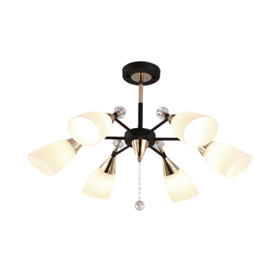White Glass Flared Chandelier Lighting Contemporary 6 Bulbs Hanging Light Fixture in Black