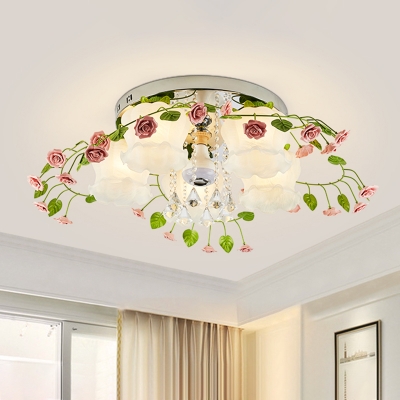 White Glass Leaf Ceiling Lighting Countryside 5 Heads Living Room Flush Mount Fixture with Dangling Crystal