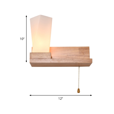 Wood Rectangular Wall Lamp Asia 1 Head Beige Sconce Light Fixture with White Glass Shade
