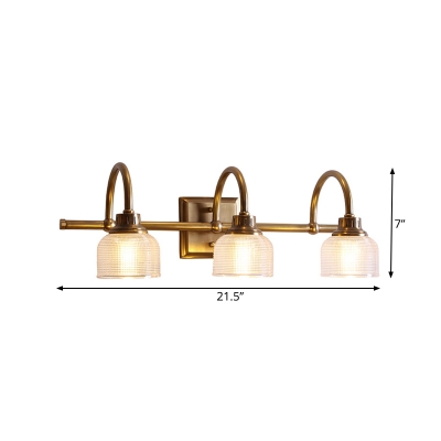 1/2/3-Light Metal Vanity Light Fixture Retro Brass Dome Bathroom Wall Mount Lamp with Ribbed Glass Shade