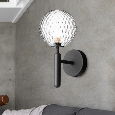 1 Bulb Orb Wall Sconce Simple Black Dimple Glass Wall Light with Metal Straight Arm for Bathroom