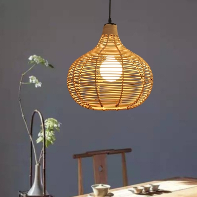 1 Light Dining Room Hanging Lamp Contemporary Beige Ceiling Light with Teardrop Bamboo Shade