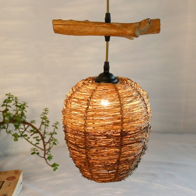 1 Light Dining Room Hanging Light Fixture Brown Suspension Pendant with Jar Rattan Shade