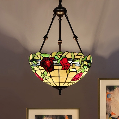 2 Bulbs Chandelier Light Tiffany Bloom Hand Cut Glass Ceiling Lamp in Yellow/Green/Red for Restaurant