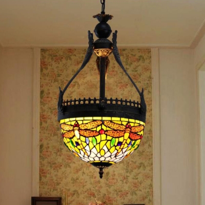 3 Lights Chandelier Light Fixture Tiffany Bowl Stained Glass Pendant Lighting in Orange/Green with Dragonfly Pattern
