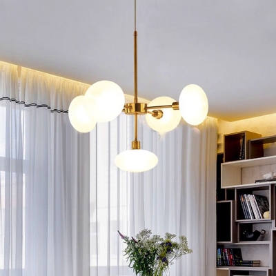 5 Bulbs Bedroom Hanging Chandelier Modern Gold Ceiling Suspension Lamp with Circle Milk Glass Shade