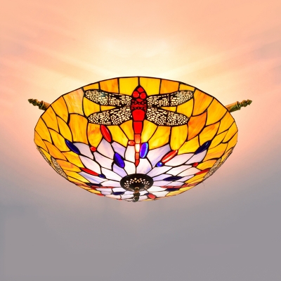 5 Heads Ceiling Lighting Tiffany Dragonfly Handcrafted Art Glass Flush Light Fixture in Brass