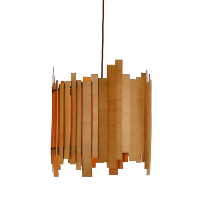 Asian 1 Head Pendant Light Beige Cylindrical Ceiling Suspension Lamp with Wood Shade