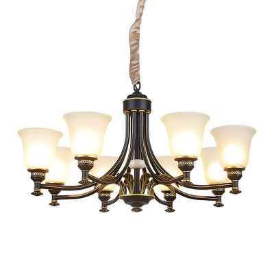 Bell Opaline Glass Chandelier Light Traditional 3/5/6 Bulbs Living Room Pendant Lamp in Black and Gold