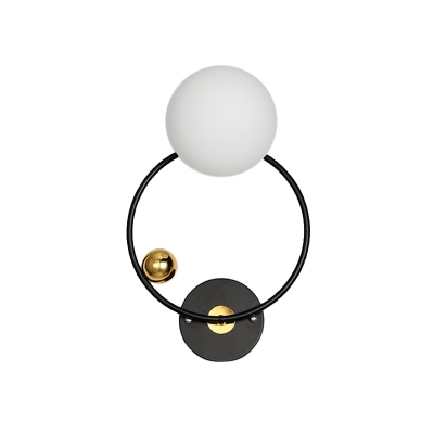 Black Circular Sconce Minimalism 1 Head Metal Wall Mounted Lighting with White Glass Shade