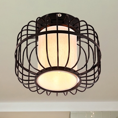Black Drum Cage Ceiling Light Fixture Traditional Style 1/3-Bulb Metal and Fabric Flush Mount Lamp, 11