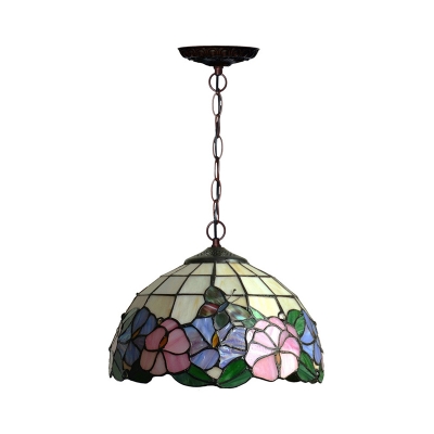 Blossom Suspension Pendant 1 Light Red/Pink/Yellow Stained Glass Mediterranean Hanging Light Kit for Dining Room