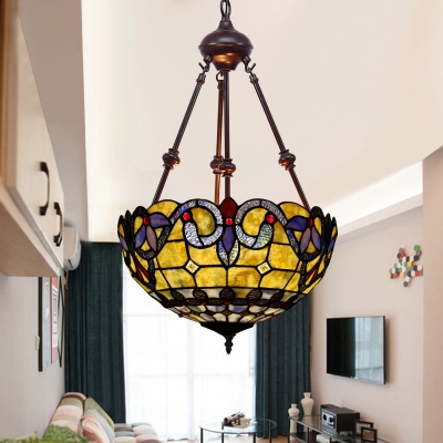 Bowl Chandelier Light Baroque Multicolored Stained Glass 2 Heads Blue/Yellow/Red Suspension Pendant for Kitchen