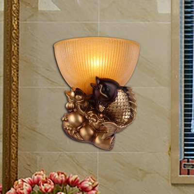 Bowl Shade Bedroom Wall Lamp Colonial Style Yellow Glass 1 Bulb Gold Finish Wall Lighting with Fish Backplate