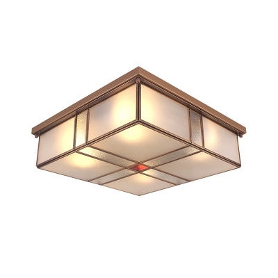 Brass 2/4 Lights Flushmount Light Traditional Frosted Glass Square Ceiling Flush Mount for Bedroom