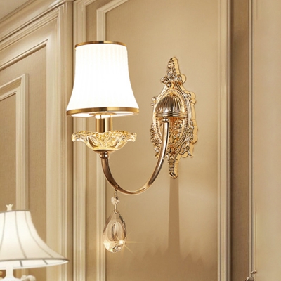 Brass Flared Wall Mount Light Fixture Traditionalist Milk Glass 1/2 Heads Living Room Wall Sconce Lighting