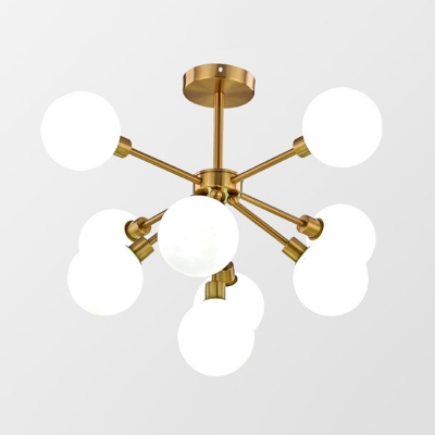 Brass Mini Globe Semi Flush Mount Lighting Contemporary 7/9/10 Lights White/Smoke Gray Glass Ceiling Light