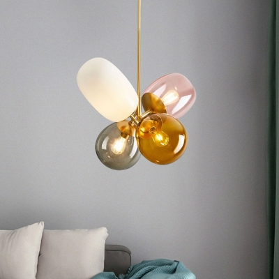 Bubble Chandelier Light Contemporary Amber-Smoke-Pink Glass 4 Lights Brass Down Lighting