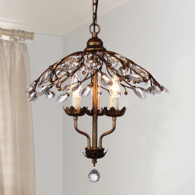 Candle Teardrop Crystal Chandelier Light Vintage 3 Heads Bedroom Ceiling Lamp in Brass