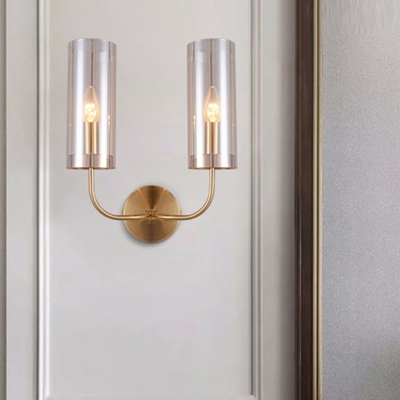 Curved Arm Wall Lighting Modernist Metal 2 Bulbs Brass Sconce Light Fixture with Cognac Glass Shade