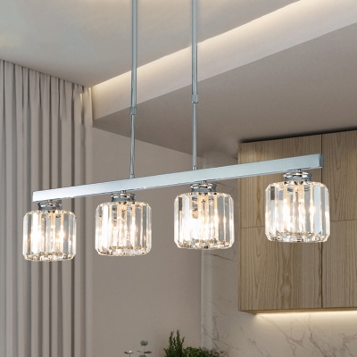 Cylinder Dining Room Island Light Traditional Tri-Sided Crystal Rod 3/4 Heads Silver Chandelier Pendant Light