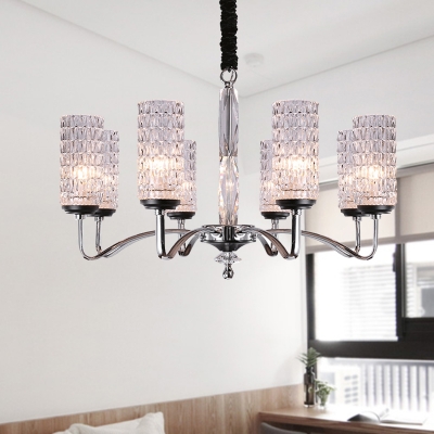 Dimpled Crystal Chrome Chandelier Lamp Cylinder 8 Heads Modern Pendant Light Fixture in Chrome