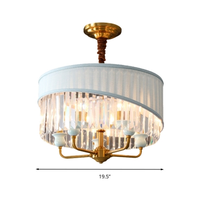 Drum Ceiling Chandelier Traditionary Clear Crystal 5 Bulbs Hanging Light Fixture with Curved Metal Arm
