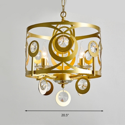Drum Crystal Embedded Chandelier Pendant Light Traditional 4/6 Heads Bedroom Ceiling Lamp in Gold