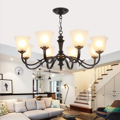 Frosted Glass Black Hanging Chandelier Flared 3/4/6 Lights Vintage Down Lighting Pendant for Living Room