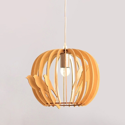 Globe Hanging Light Asian Wood 1 Head Beige Suspended Lighting Fixture with Bird, 12