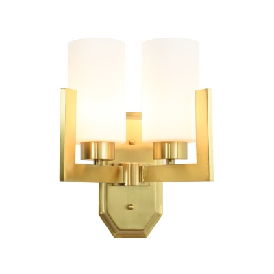 Gold Armed Sconce Light Contemporary 2 Bulbs Metal Wall Mount Lighting with Opal Glass Shade