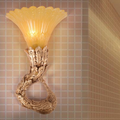 Green/Gold Peacock Wall Sconce Traditional Style Resin 1 Light Corridor Wall Mount Light with Amber Glass Flared Shade