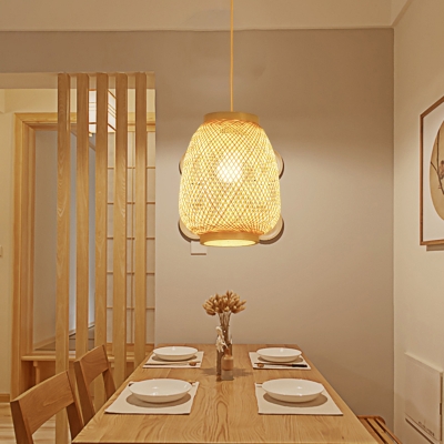 Lantern Pendant Ceiling Light Modern Bamboo 1 Light Beige Hanging Lamp for Dining Room