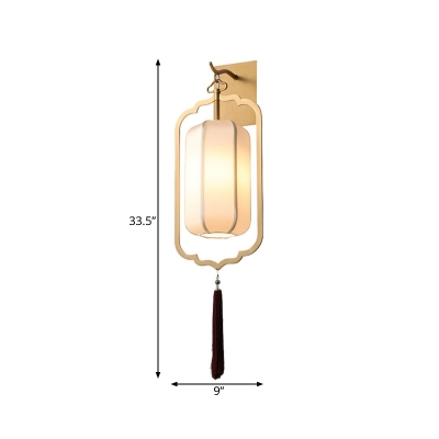 Metal Gold Wall Mount Lighting Lantern 1 Bulb Traditional Flush Wall Sconce with Fabric Shade for Bedroom