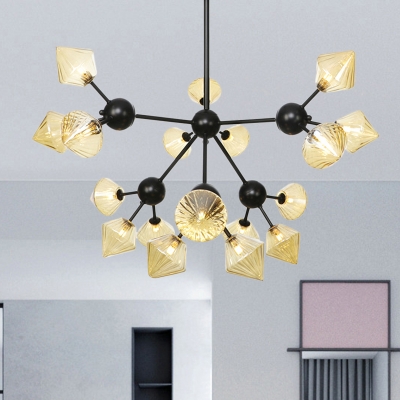 Metal Sputnik Pendant Chandelier Modern 18 Bulbs Black Hanging Light Kit with Amber Glass Shade