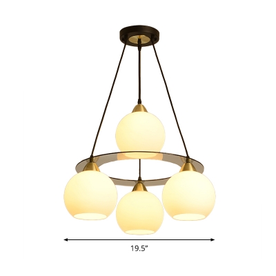 Modern 4 Heads Hanging Chandelier Black-Gold Orb Pendant Lighting Fixture with White Glass Shade