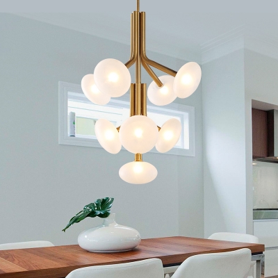 Modern 9 Heads Chandelier Light Gold Round Suspended Lighting Fixture with Frosted Glass Shade