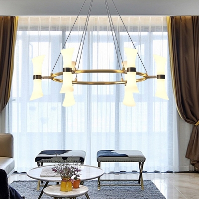 Modern Flared Chandelier Lighting Gold 6 Bulbs Hanging Ceiling Light with White Glass Shade