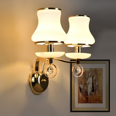 Modernist 2 Bulbs Wall Lighting Gold Flower Sconce Light Fixture with White Ribbed Glass Shade