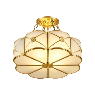 Scalloped Bedroom Semi-Flush Mount Traditional Opaque Glass 4 Bulbs Brass Ceiling Light Fixture