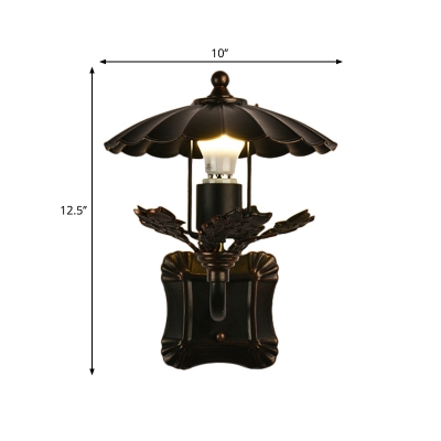 Scalloped Shade Hallway Wall Lamp Metal 1 Bulb Industrial Style Wall Lighting Fixture with Leaf Deco in Black