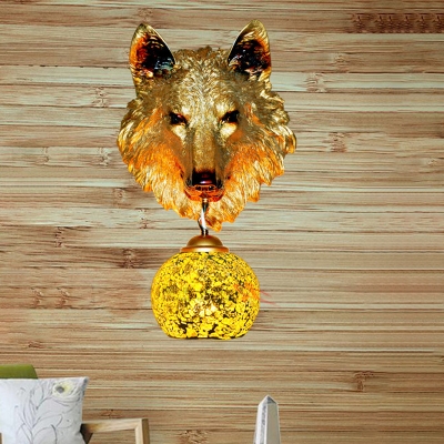 Silver/Gold Wolf Head Sconce Tiffany Stylish 1 Light Stained Art Glass Wall Mount Lighting for Coffee Shop