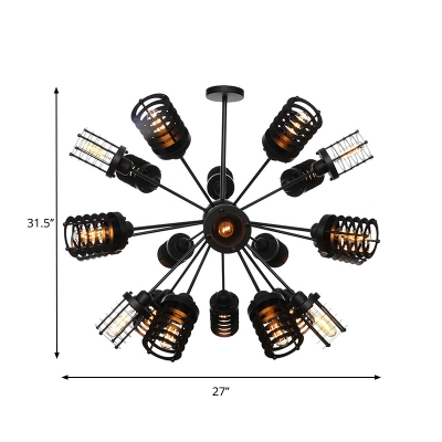 Sputnik Hanging Chandelier Light Industrial Metallic 9/12/15 Heads Black Ceiling Light with Cylinder Cage Shade